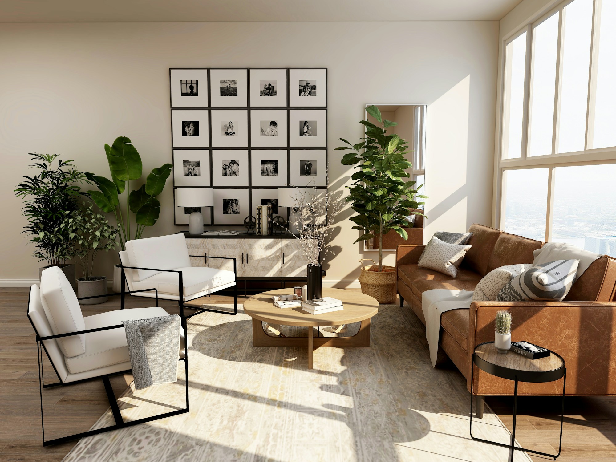 A bright, welcoming living room with plants and a sofa